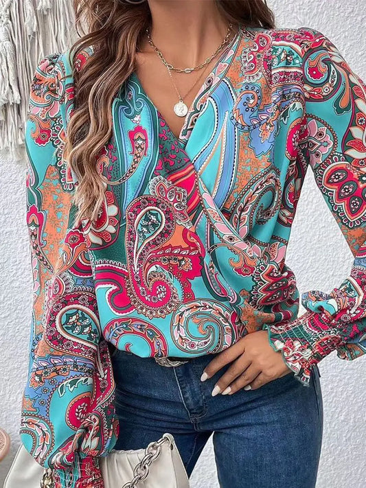 V-Neck with Lantern Sleeves Temperament Shirt