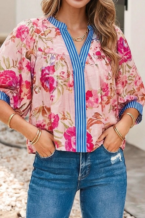 LDC Patchwork Top Floral & Stripe 3/4 Sleeve V Neck
