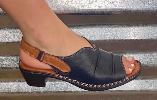 Bonavi Vera Black w/ Tan Leather Wedge Sandal